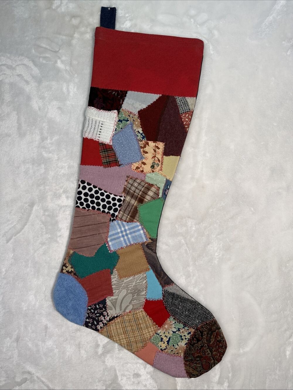LG VINTAGE CRAZY QUILT & Denim Homemade Christmas STOCKING 24.5” Long